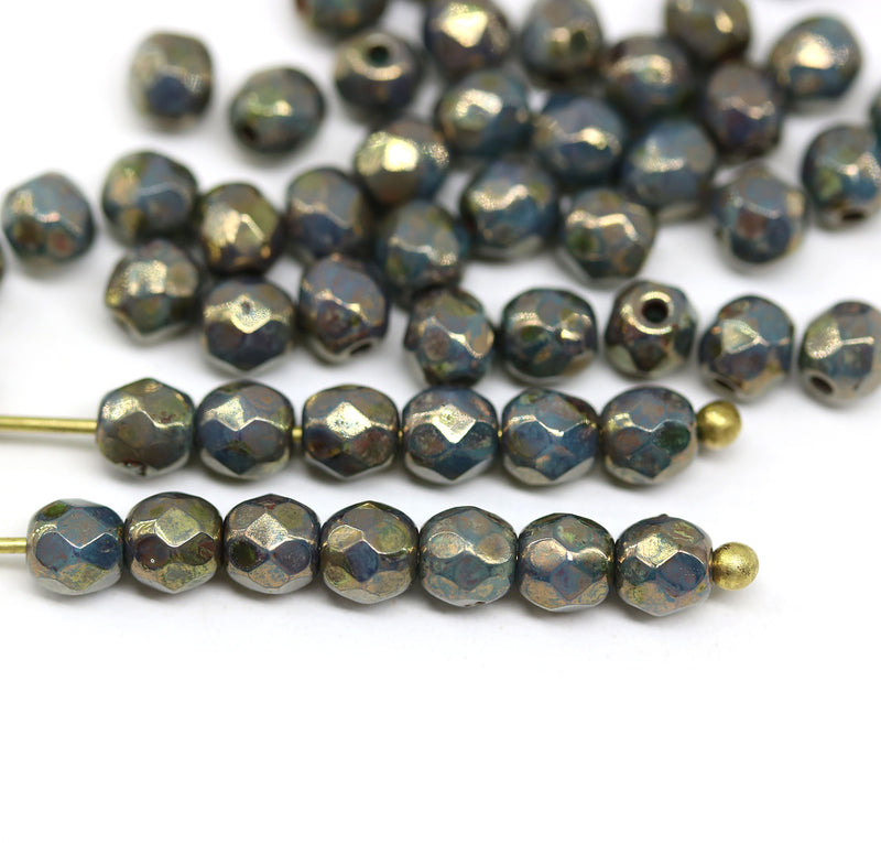 4mm Dark turquoise Czech glass beads with luster, 50Pc