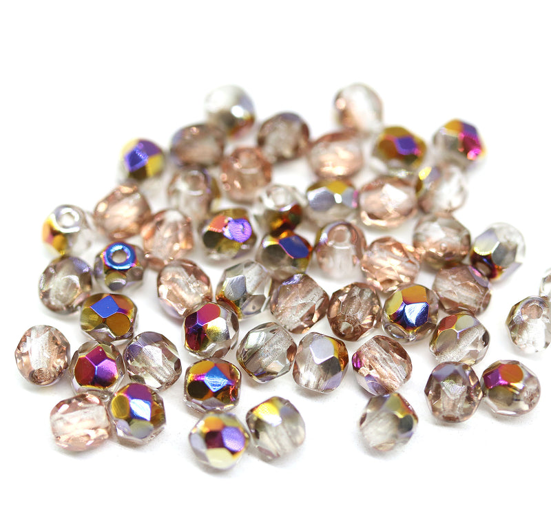 4mm Apollo rose gold AB finish Czech glass beads, 50Pc