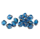 Capri blue bicone czech glass fire polished beads with golden edges