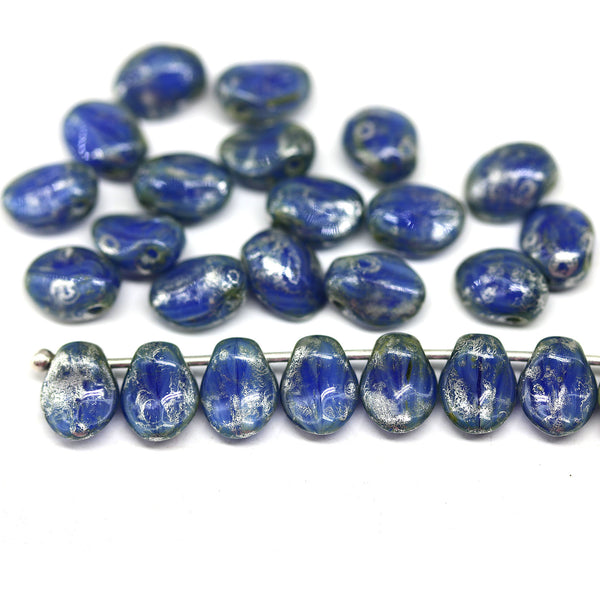 6x8mm Dark blue petal drop beads silver wash Czech glass flower petals, 25pc