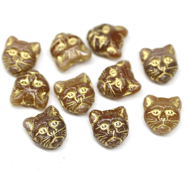 Light opal brown cat head Czech glass beads with Golden wash