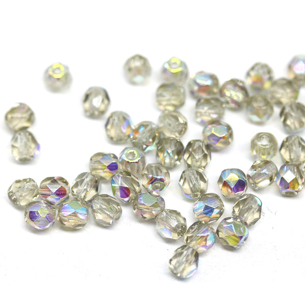 4mm Pale gray AB finish Czech glass beads, 50Pc