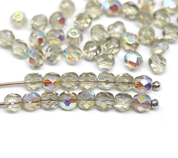 4mm Pale gray AB finish Czech glass beads, 50Pc