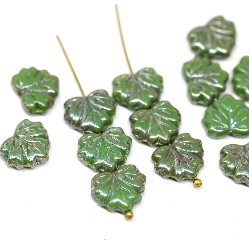 Green maple czech glass leaf beads picasso luster finish 