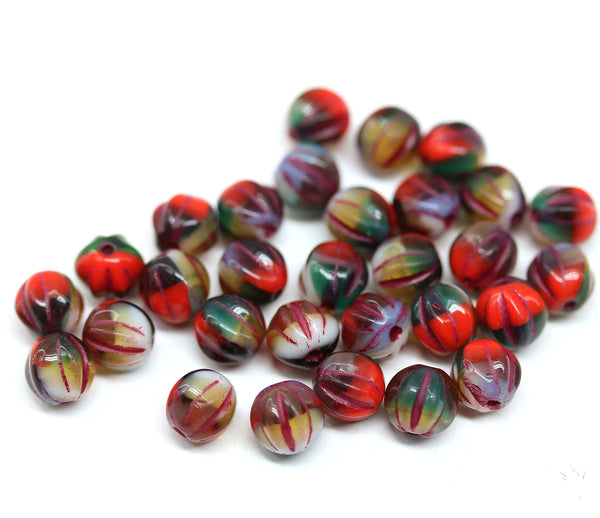 6mm Mixed color red green round melon czech glass beads - 30Pc