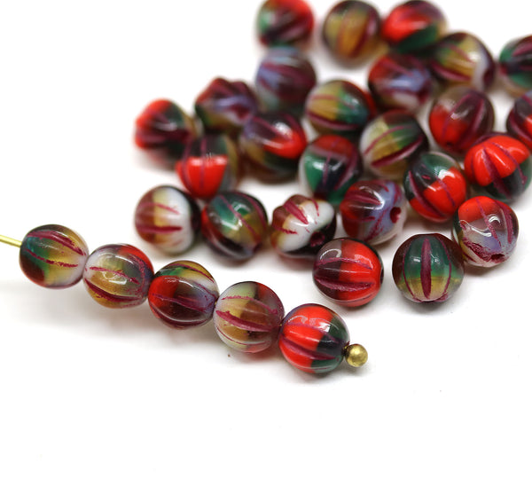 6mm Mixed color red green round melon czech glass beads - 30Pc