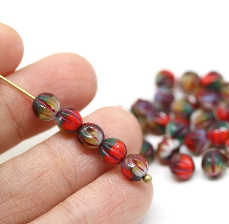6mm Mixed color red green round melon czech glass beads - 30Pc
