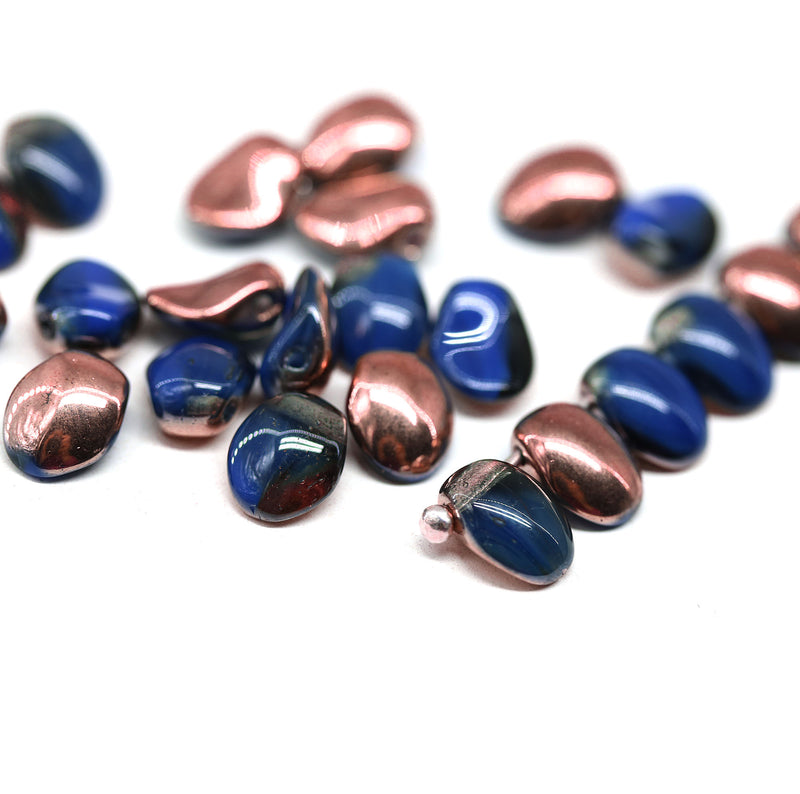 6x8mm Dark blue petal drop beads copper coated Czech glass flower petals, 25pc