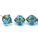 12x14mm Aqua blue large fancy bicone Czech glass beads with golden inlays - 4Pc