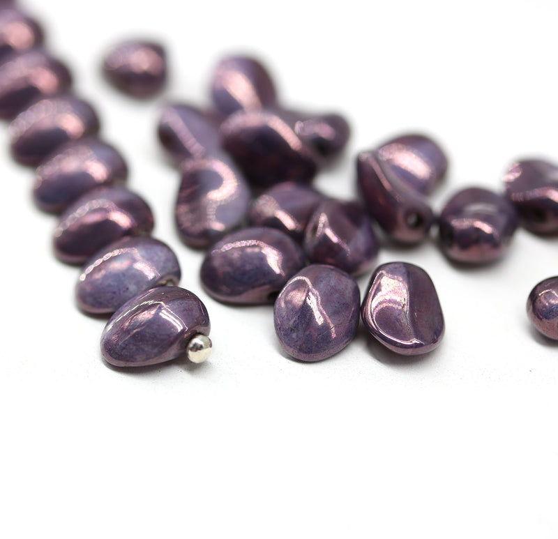 6x8mm Dark purple petal drop beads Czech glass flower petals, 25pc