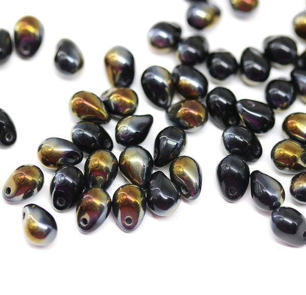 5x7mm Jet Black glass drops, metallic luster - 50pc