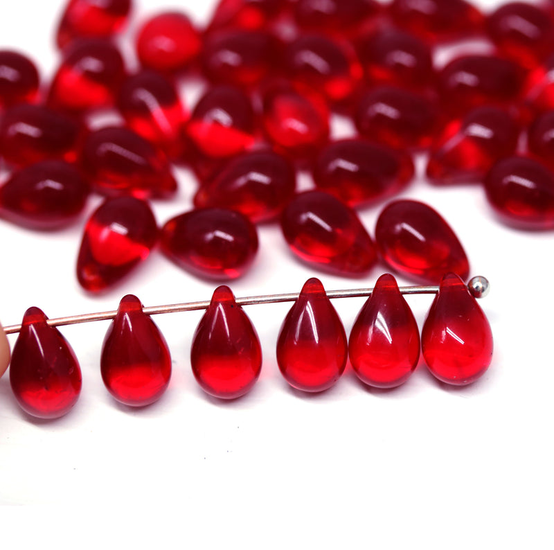 Ruby red czech glass teardrop top drilled beads for Christmas jewelry