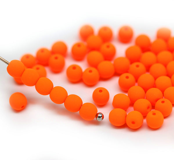 4mm Neon orange czech glass round druk beads spacers, 50pc