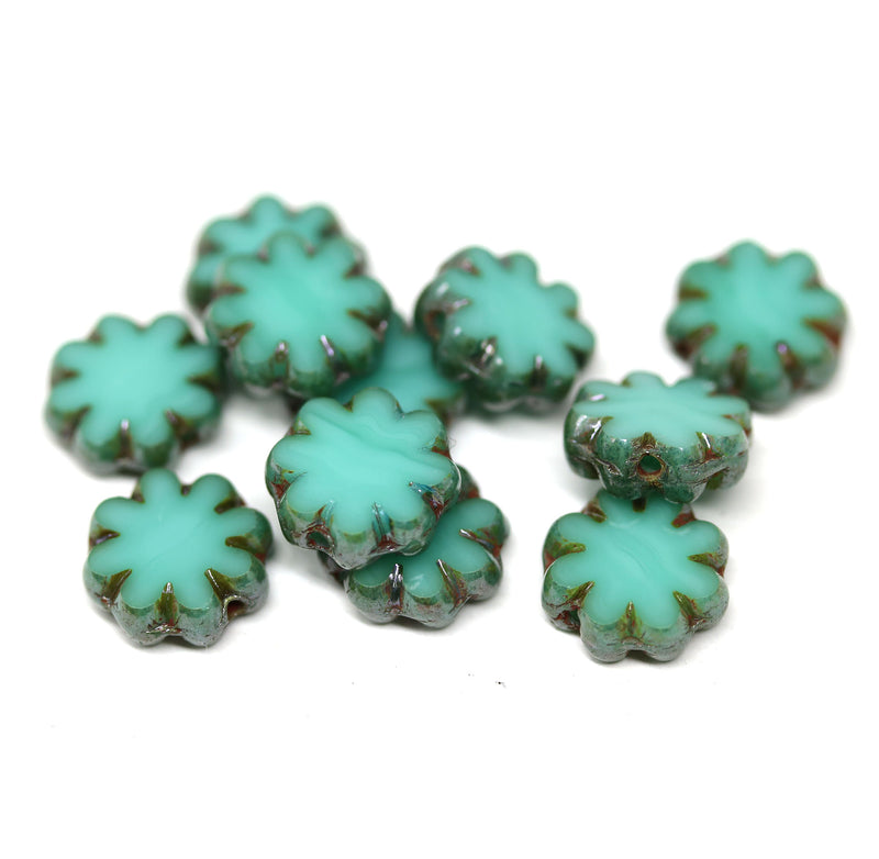 Turquoise green flower czech glass flat daisy picasso beads DIY jewelry