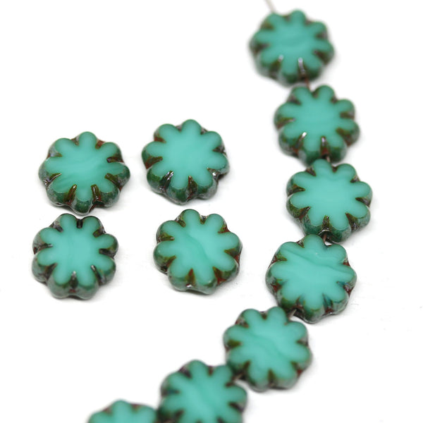 Turquoise green flower czech glass flat daisy picasso beads DIY jewelry
