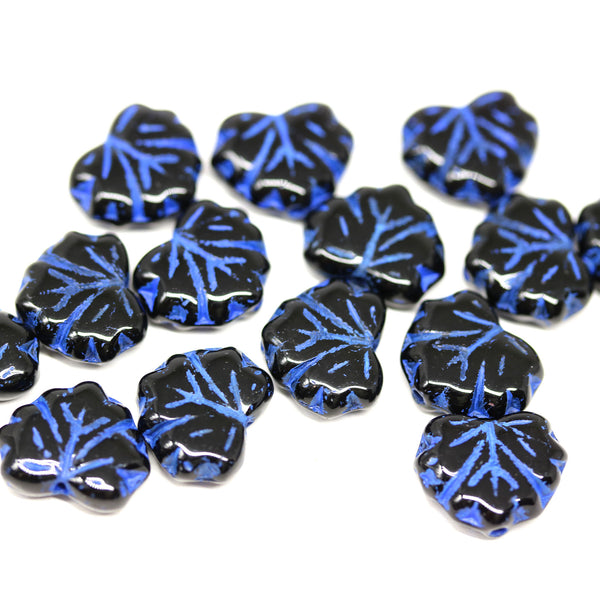 Black maple czech glass leaf beads with blue inlays DIY jewelry