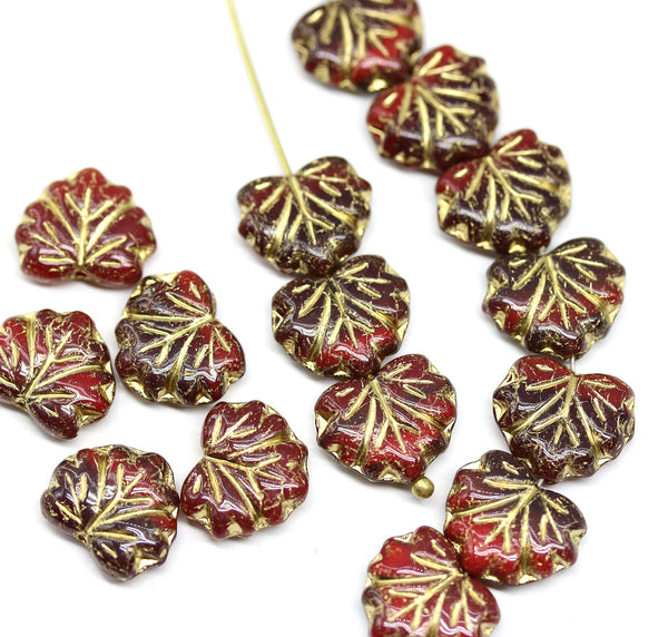 11x13mm Red brown maple czech glass leaf beads gold wash, 15pc