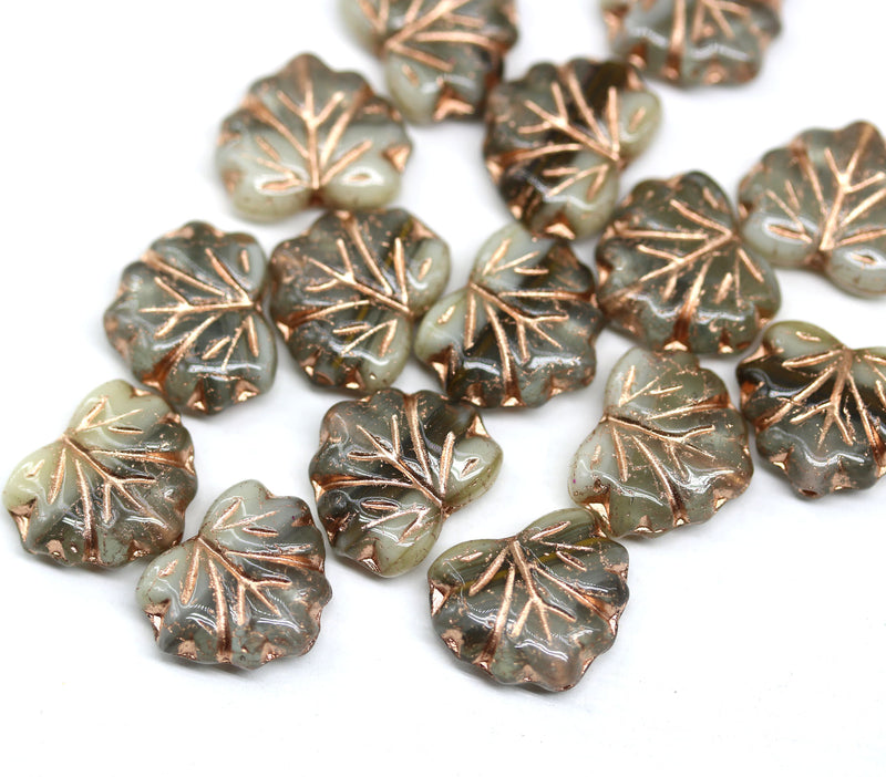 11x13mm Beige brown maple czech glass leaf beads copper wash, 15pc