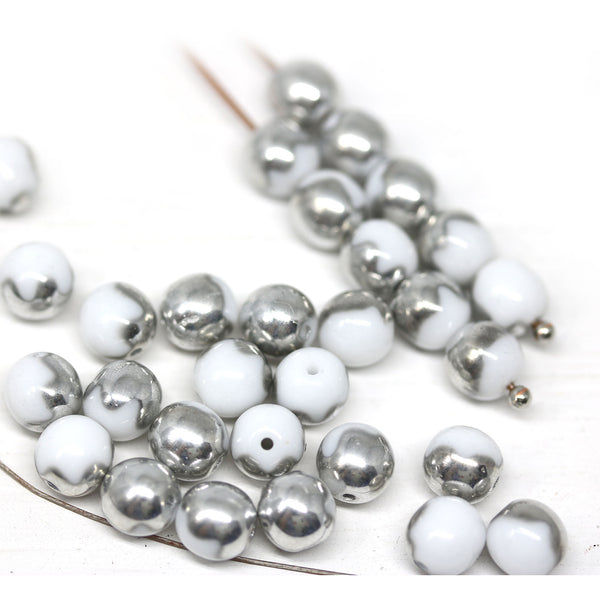 6mm White czech glass round beads with silver for jewelry making