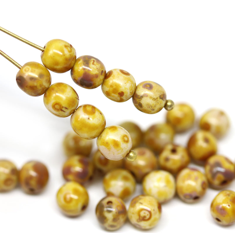 6mm Picasso light brown czech glass round beads for jewelry making