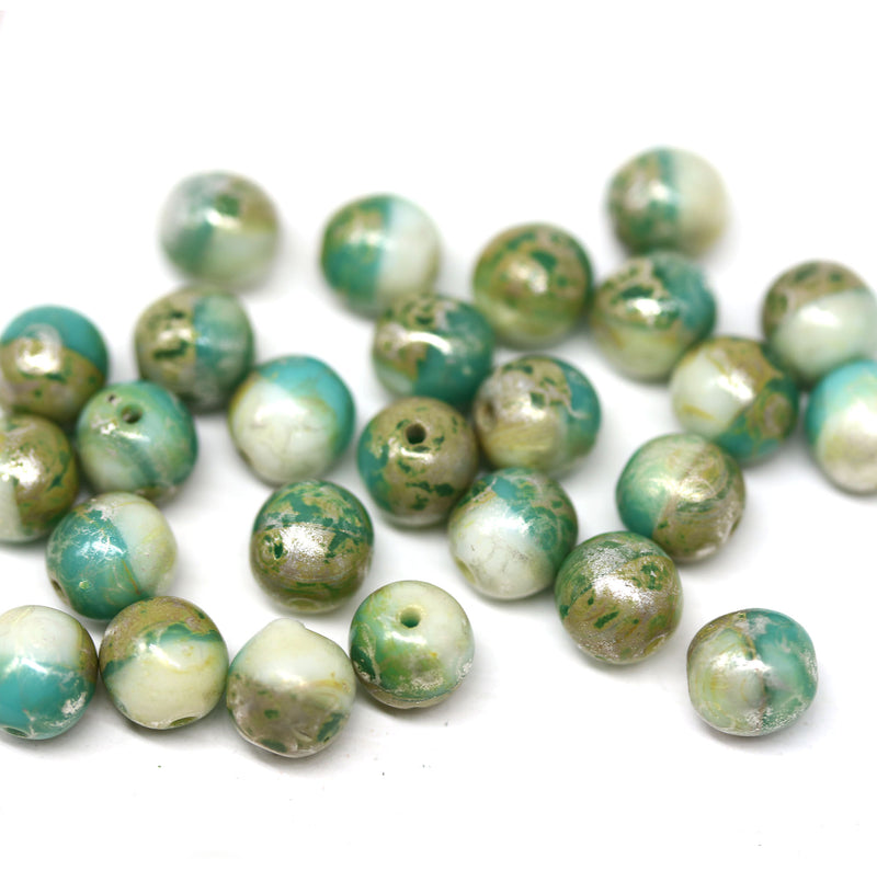 6mm Turquoise beige round druk czech glass beads Picasso finish