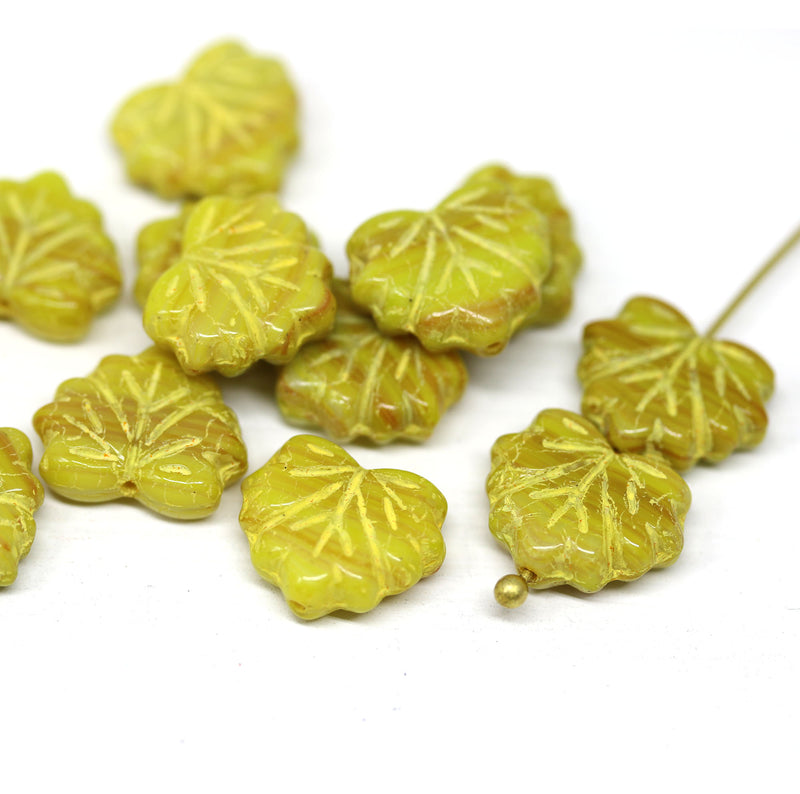 Yellow green maple leaf beads, Czech glass DIY autumn jewelry supply