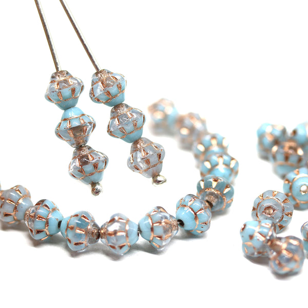 6mm Mixed blue clear fancy small bicone beads, gold wash, 50pc