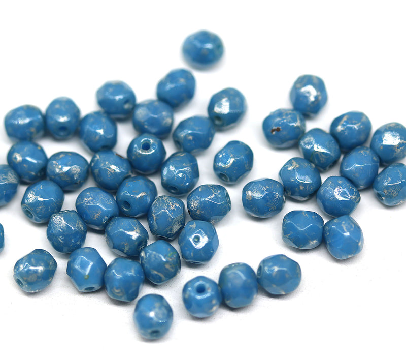 4mm Turquoise blue silver wash Czech glass beads with luster, 50Pc
