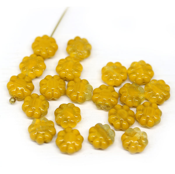 9mm Ocher yellow flower beads Czech glass daisy