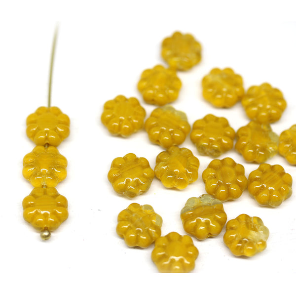 9mm Ocher yellow flower beads Czech glass daisy