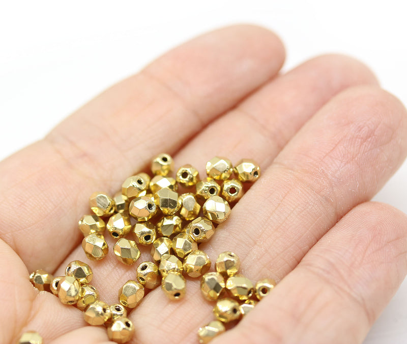 4mm Shiny golden Czech glass beads, fire polished round faceted spacers, 50Pc
