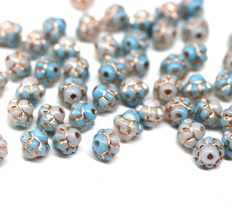 6mm Mixed blue white fancy small bicone beads, gold wash, 50pc