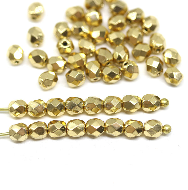 4mm Shiny golden Czech glass beads, fire polished round faceted spacers, 50Pc
