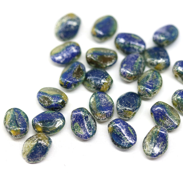6x8mm Dark blue petal drop beads Czech glass flower petals, rustic silver wash, 25pc