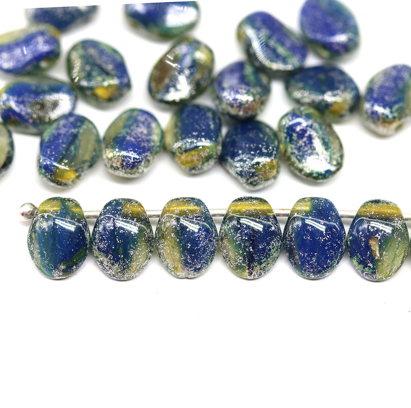 6x8mm Dark blue petal drop beads Czech glass flower petals, rustic silver wash, 25pc