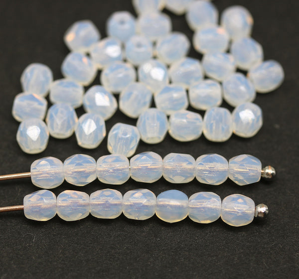 4mm Opal white Czech glass beads, fire polished round faceted spacers, 50Pc