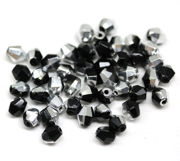 5mm Black bicone beads Silver coating Czech glass fire polished 50pc