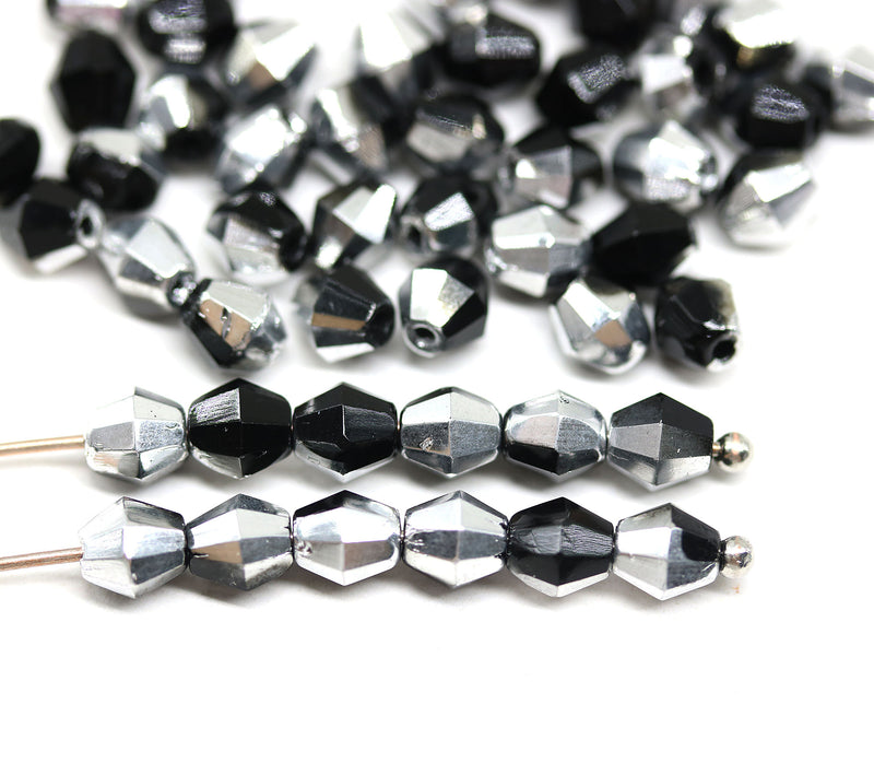 5mm Black bicone beads Silver coating Czech glass fire polished 50pc