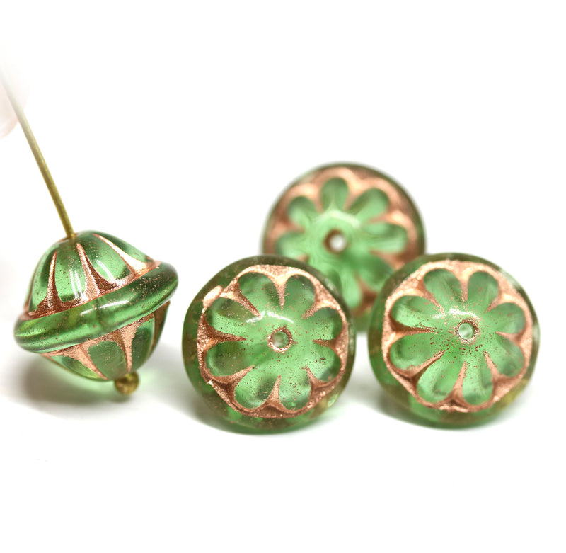 Large green fancy bicone Czech glass pressed beads jewelry making