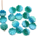 9mm Blue green daisy flower beads, czech glass floral beads