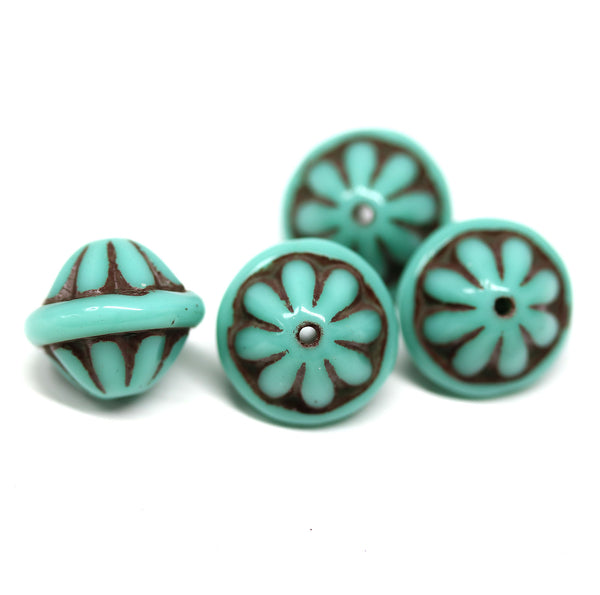 Large turquoise fancy bicone Czech glass pressed beads jewelry making