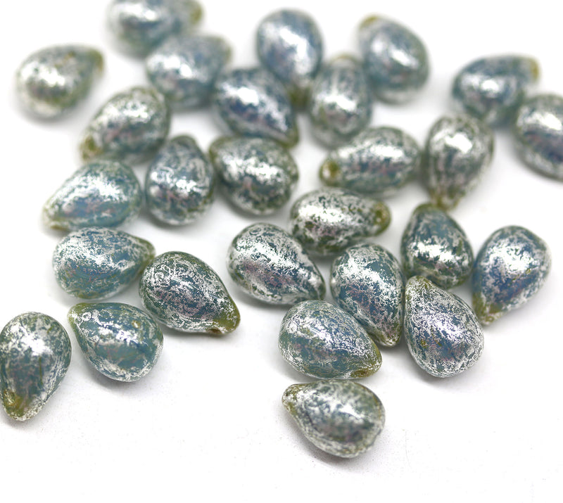 6x9mm Opal blue czech glass teardrop beads silver wash, 30pc