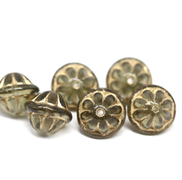 Large gray golden stripes fancy bicone Czech glass pressed beads