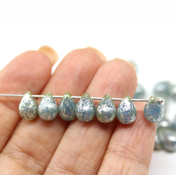 6x9mm Opal blue czech glass teardrop beads silver wash, 30pc