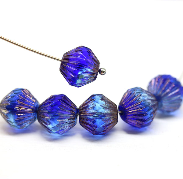 11mm Large mixed blue bicone beads copper finish, 6pc