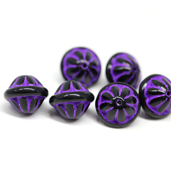 Large black fancy bicone Czech glass pressed beads for jewelry making