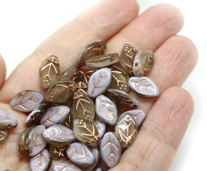 12x7mm Light brown leaf beads, copper inlays Czech glass, 40pc
