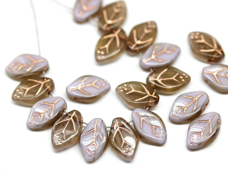 12x7mm Light brown leaf beads, copper inlays Czech glass, 40pc