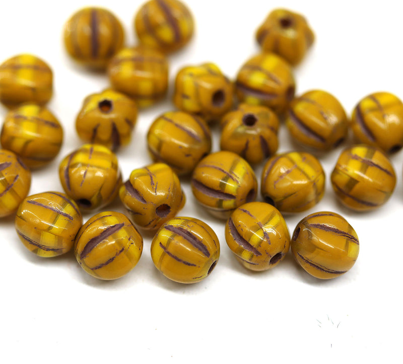 6mm Yellow brown round melon shape czech glass beads, 30Pc