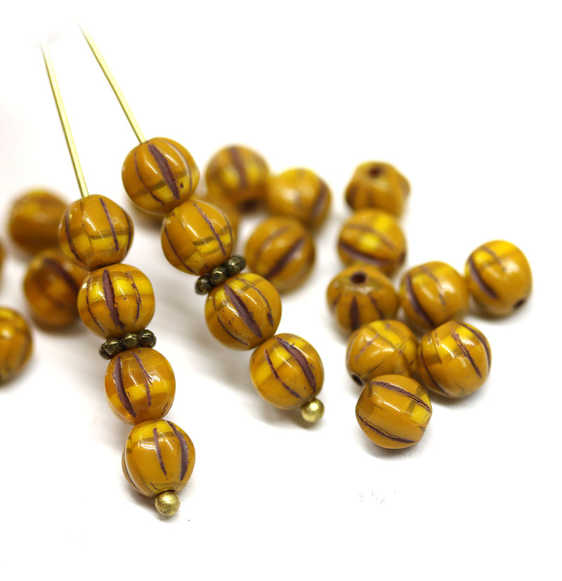 6mm Yellow brown round melon shape czech glass beads, 30Pc